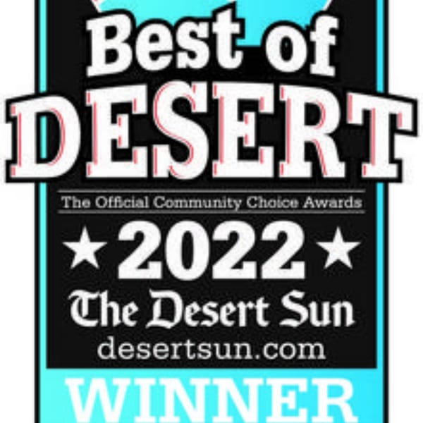 Black and blue badge with white text: "Best of Desert 2022 The Desert Sun Winner"