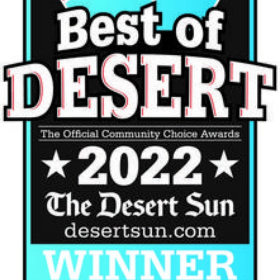Black and blue badge with white text: "Best of Desert 2022 The Desert Sun Winner"
